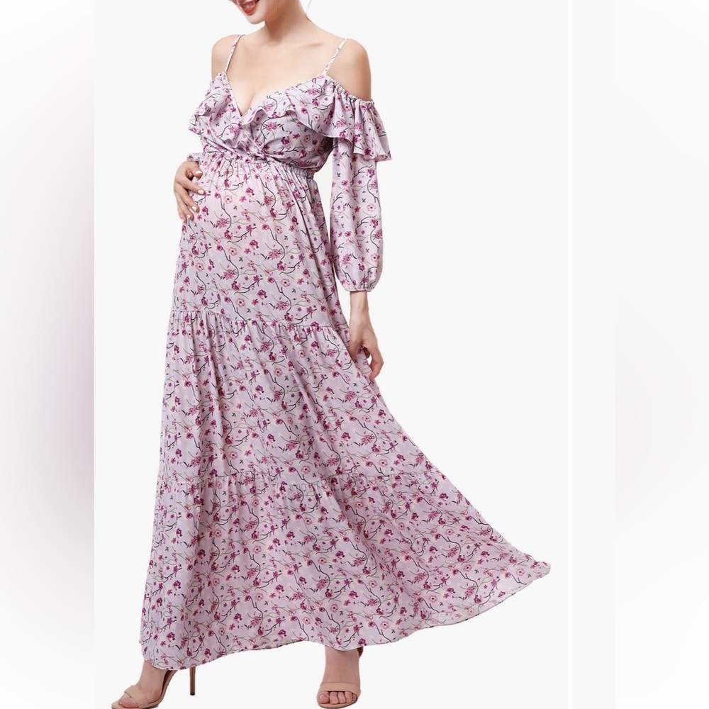Purple Floral Kimi and Kai Raina Cold Shoulder Long Sleeve Maternity Dress